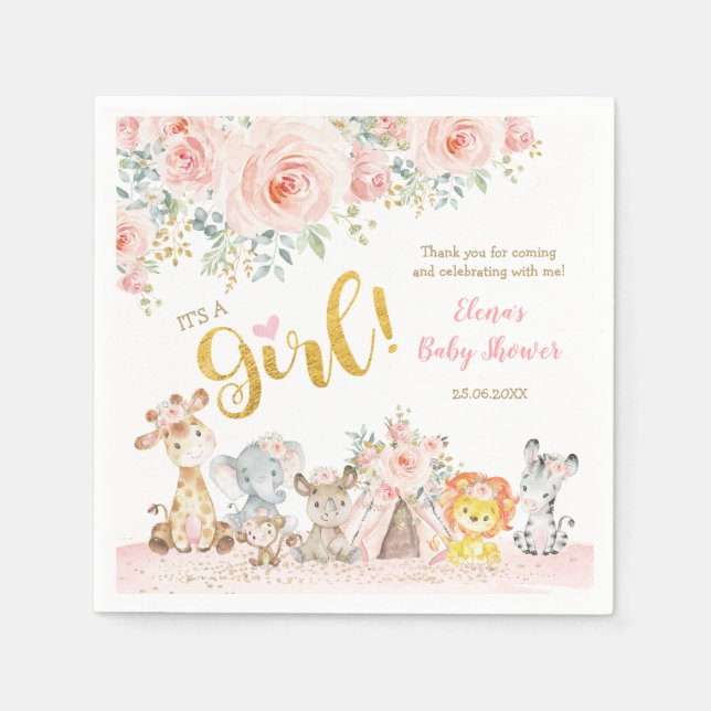 Pink Gold Jungle Safari Animals Baby Shower Napkins (Front)