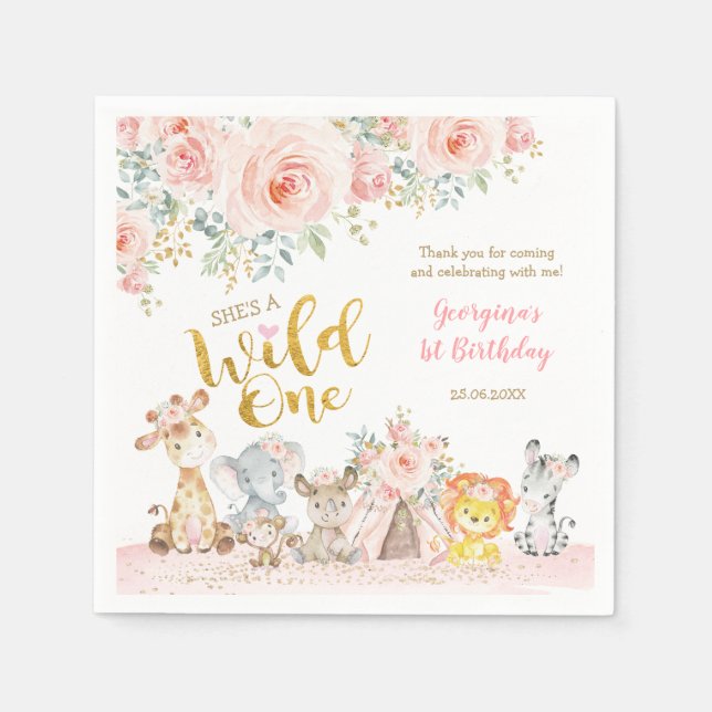 Pink Gold Jungle Safari Animals Wild One Birthday Napkins (Front)