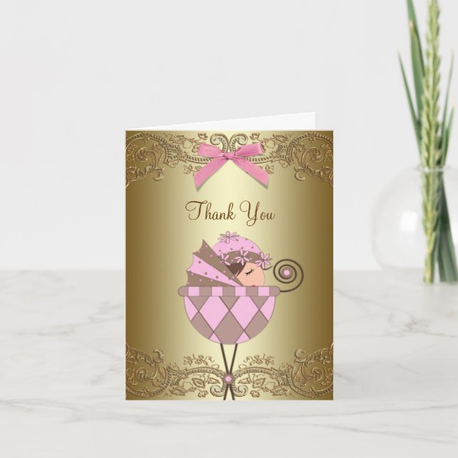 Pink Gold Lace Baby Shower Thank You Cards (Front)