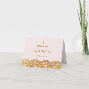 Pink Gold Lace Baptism Thank You Card