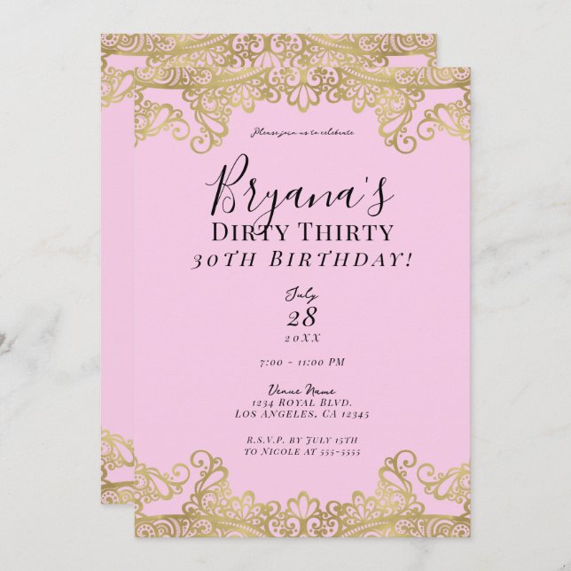 Pink & Gold Lace Chic Dirty 30 30th Birthday  Invitation (Front/Back)