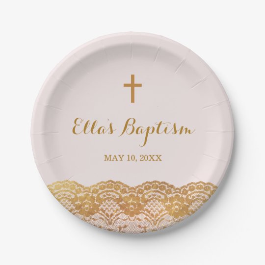 Pink Gold Lace Girl Baptism Paper Plates