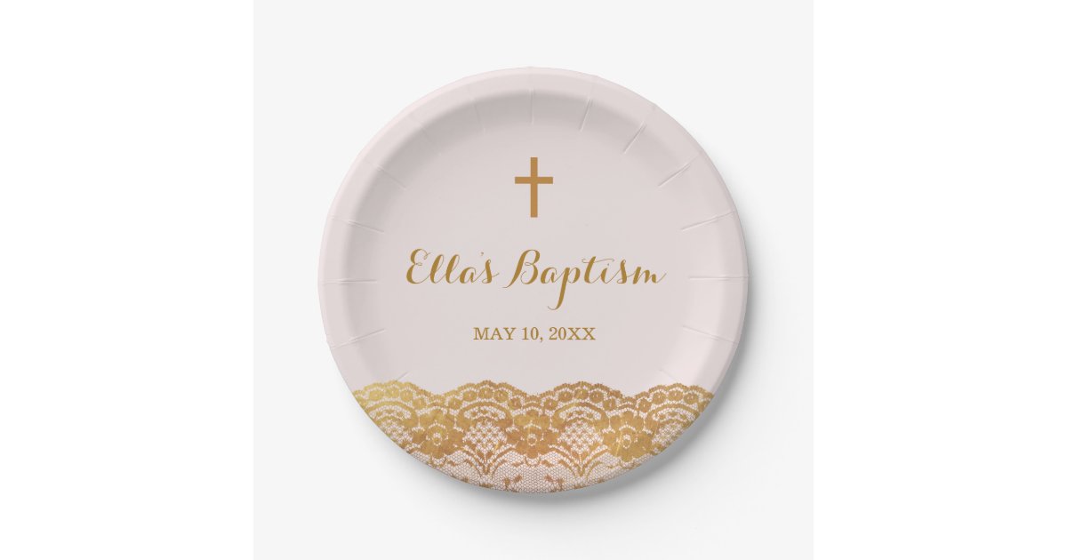 Pink Gold Lace Girl Baptism Paper Plates Zazzle