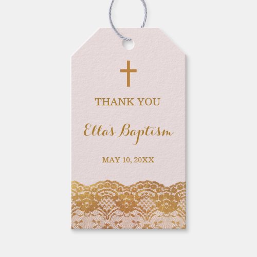 Pink Gold Lace Girl Thank You Baptism Tags