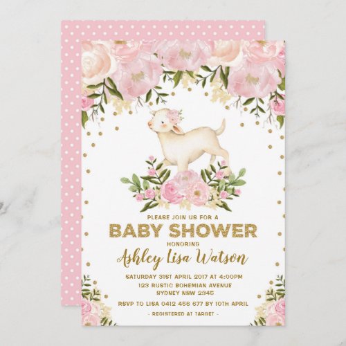 Pink Gold Lamb Baby Shower Blush Floral Invitation