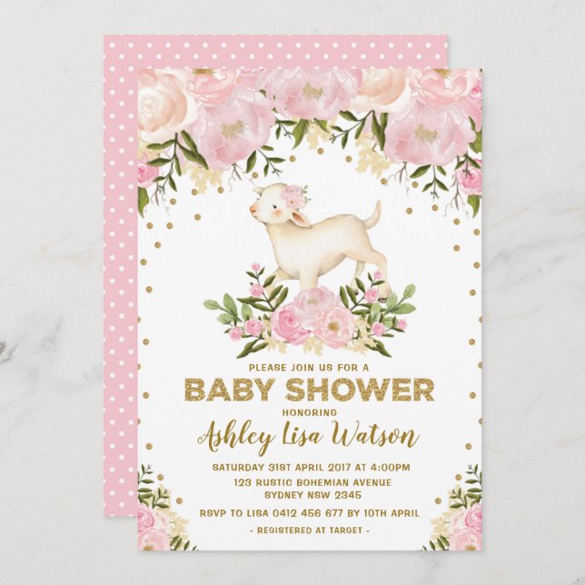 Pink Gold Lamb Baby Shower Blush Floral Invitation (Front/Back)