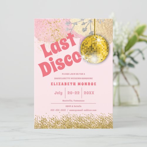 Pink Gold Last Disco Retro Glam Bachelorette Invitation