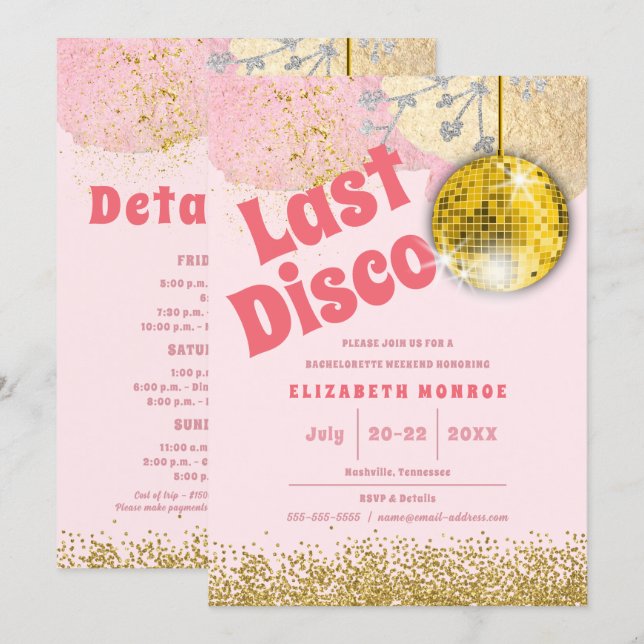 Pink Gold Last Disco Retro Glam Bachelorette Invitation (Front/Back)