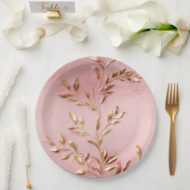 Pink Gold Leaves Paper Plates (Wedding)