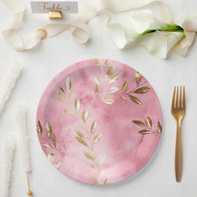 Pink Gold Leaves Paper Plates (Wedding)
