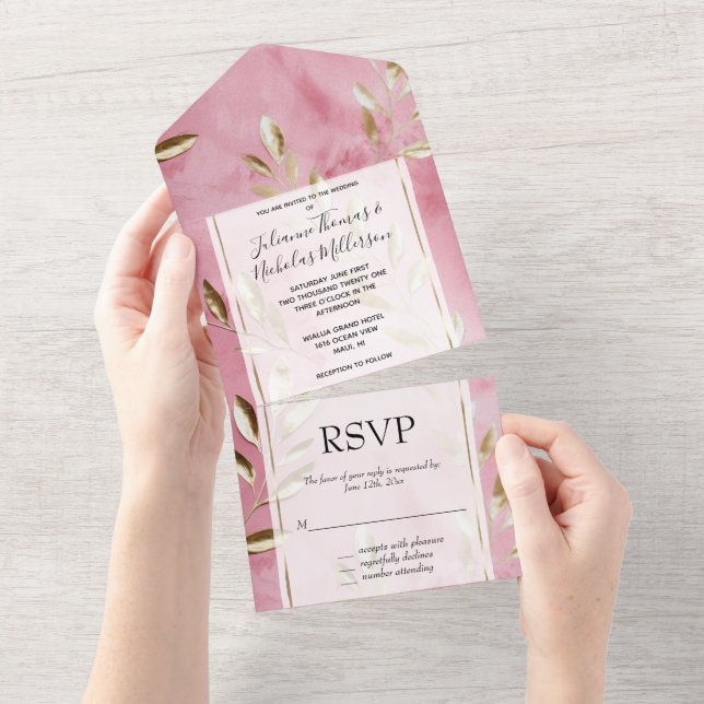 Pink Gold Leaves Wedding All In One Invitation (Tearaway)