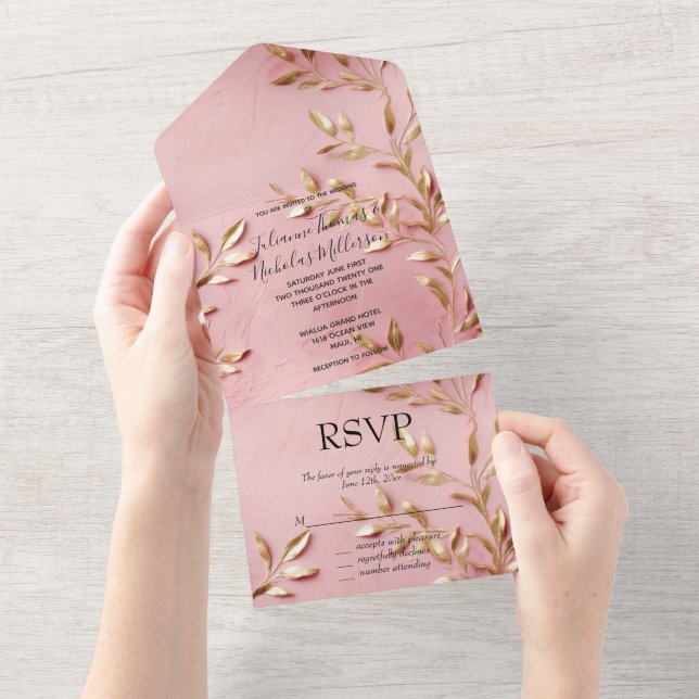 Pink Gold Leaves Wedding All In One Invitation (Tearaway)