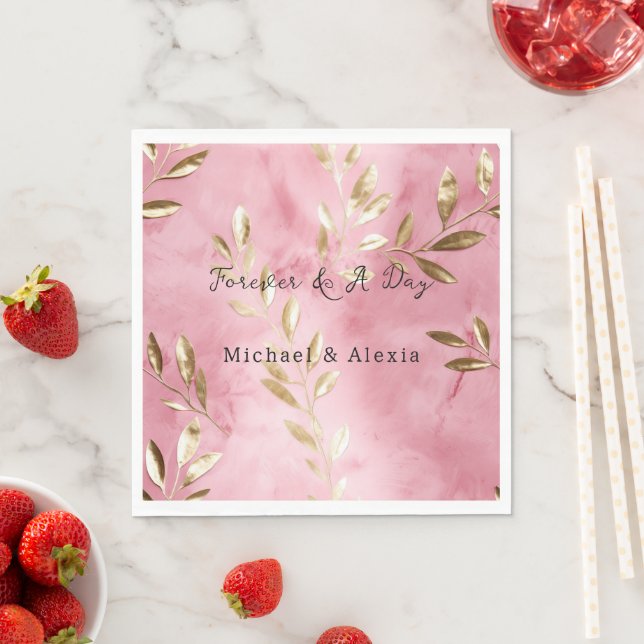 Pink Gold Leaves Wedding Napkins (Insitu)