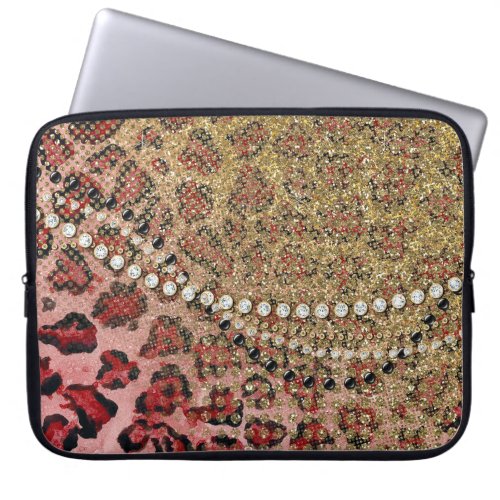 Pink Gold Leopard Animal Print Glitter Look Jewel Laptop Sleeve