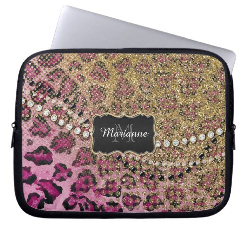 Pink Gold Leopard Animal Print Glitter Look Jewel Laptop Sleeve