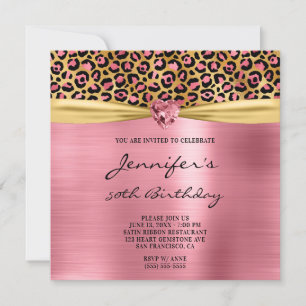 Pink Gold Leopard Foil Gem Heart 50th Birthday Invitation