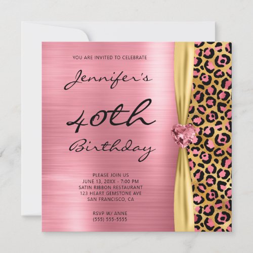 Pink Gold Leopard Foil Gem Ribbon 40th Birthday Invitation