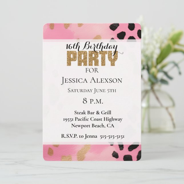 Pink Gold Leopard Gold Glitter Party Invitation (Standing Front)