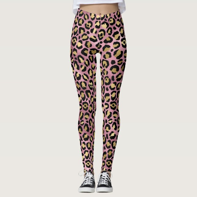 Pink Gold Leopard Pattern Leggings (Front)