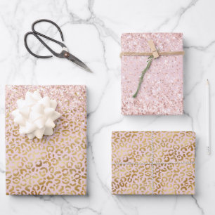 Pink Gold Leopard Print Blush Glitter Wrapping Paper Sheets