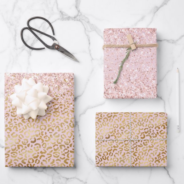Pink Gold Leopard Print Blush Glitter       Wrapping Paper Sheets (Front)
