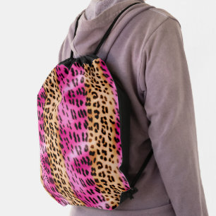 Pink Gold Leopard Print Drawstring Bag
