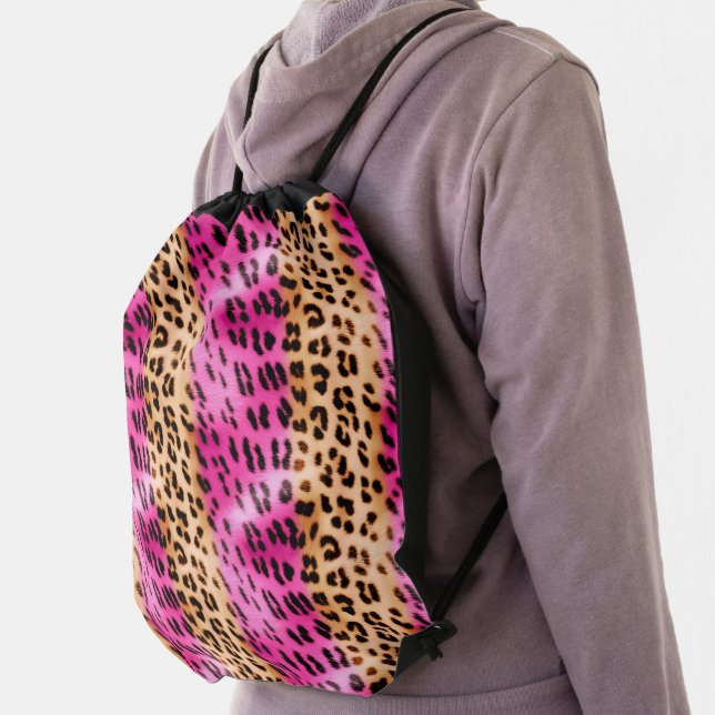 Pink Gold Leopard Print Drawstring Bag (Insitu)