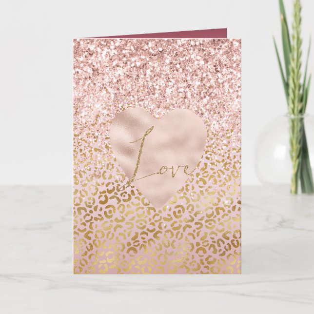 Pink Gold Leopard Print Love Blush Glitter      Holiday Card (Front)