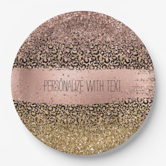Pink Gold Leopard Print Sparkle Paper Plates (Front)