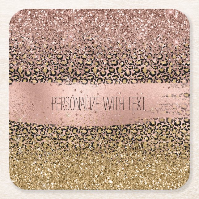 Pink Gold Leopard Print Sparkle Square Paper Coaster (Front)