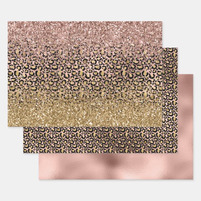 Pink Gold Leopard Print Sparkle Wrapping Paper Sheets (Set)