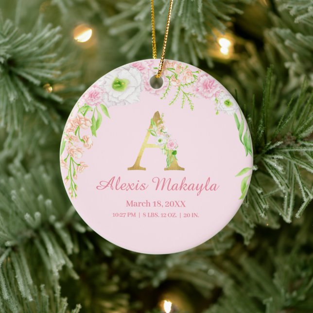 Pink & Gold Letter "A" Floral Monogram Birth Stats Ceramic Ornament (Tree)