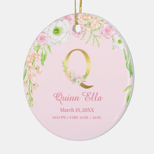 Pink  Gold Letter Q Floral Monogram Birth Stats Ceramic Ornament