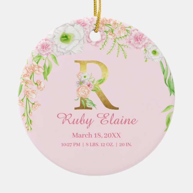 Pink & Gold Letter "R" Floral Monogram Birth Stats Ceramic Ornament (Front)