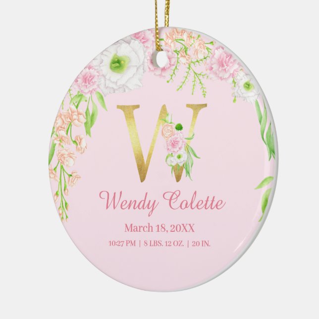 Pink & Gold Letter "W" Floral Monogram Birth Stats Ceramic Ornament (Left)