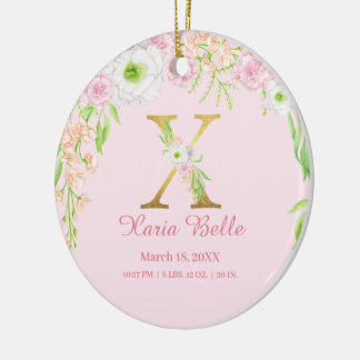 Pink & Gold Letter "X" Floral Monogram Birth Stats Ceramic Ornament