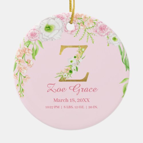 Pink  Gold Letter Z Floral Monogram Birth Stats Ceramic Ornament