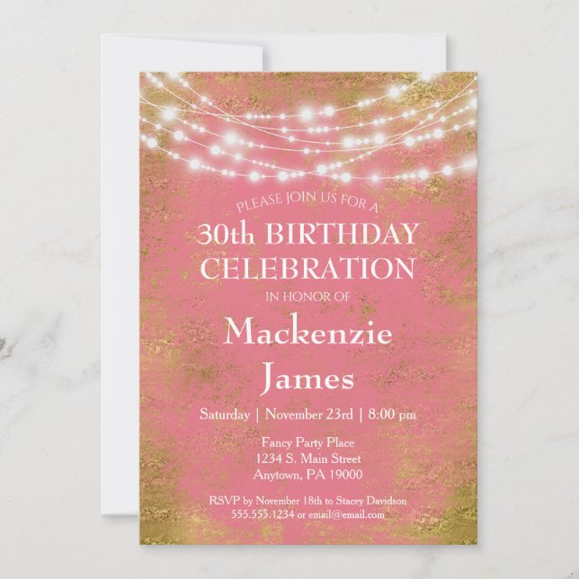 Pink Gold Lights Birthday Party Invitation Adult (Front)
