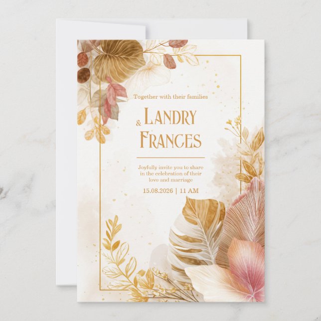 Pink Gold Line Monstera Leaf Botanical Wedding Invitation (Front)