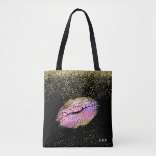 *~* Pink Gold Lips Gold Glitter Black Tote Bag