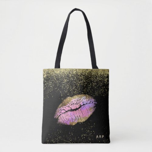  Pink Gold Lips Gold Glitter Black Tote Bag