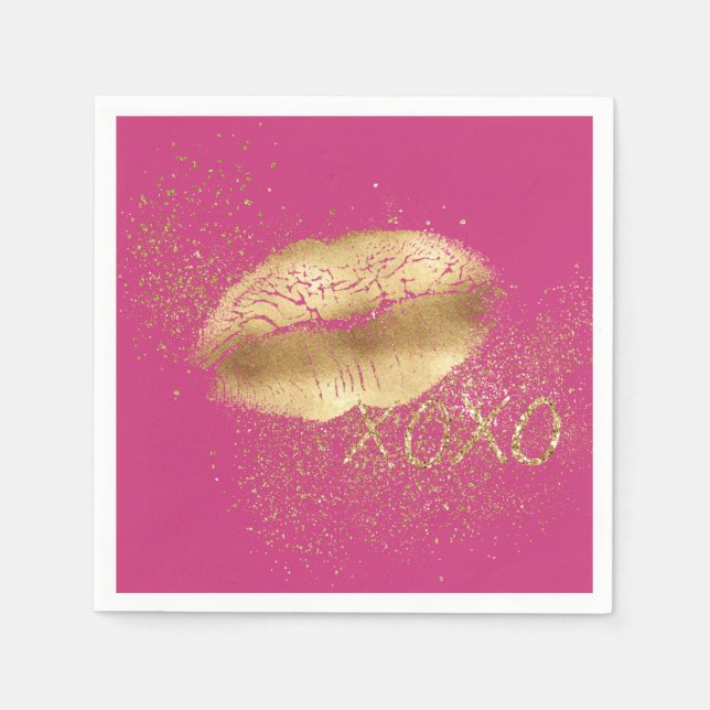 Pink Gold Lips Kiss Gold Glitter XOXO Napkins (Front)