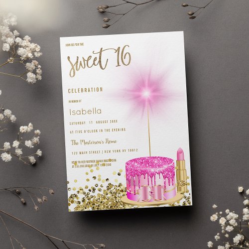 Pink gold lipstick cake sparkler glitter Sweet 16  Invitation