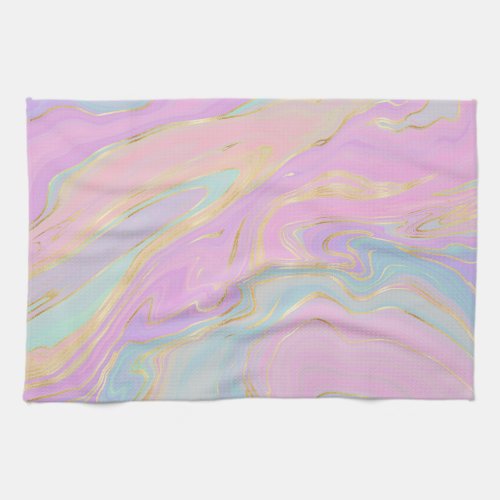 Pink Gold Liquid Swirl Rainbow Marble Kitchen Towel