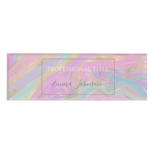 Pink Gold Liquid Swirl Rainbow Marble Name Tag