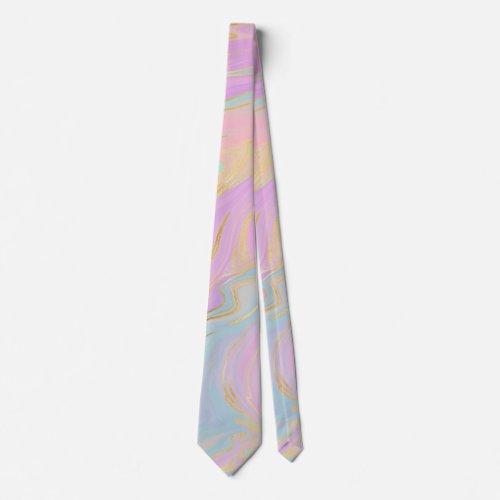Pink Gold Liquid Swirl Rainbow Marble Neck Tie