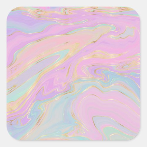 Pink Gold Liquid Swirl Rainbow Marble Square Sticker