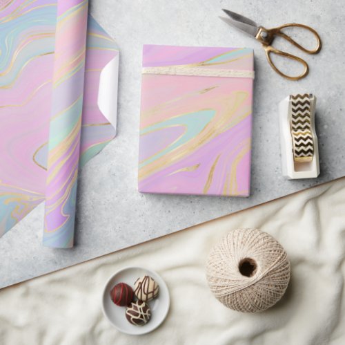 Pink Gold Liquid Swirl Rainbow Marble Wrapping Paper