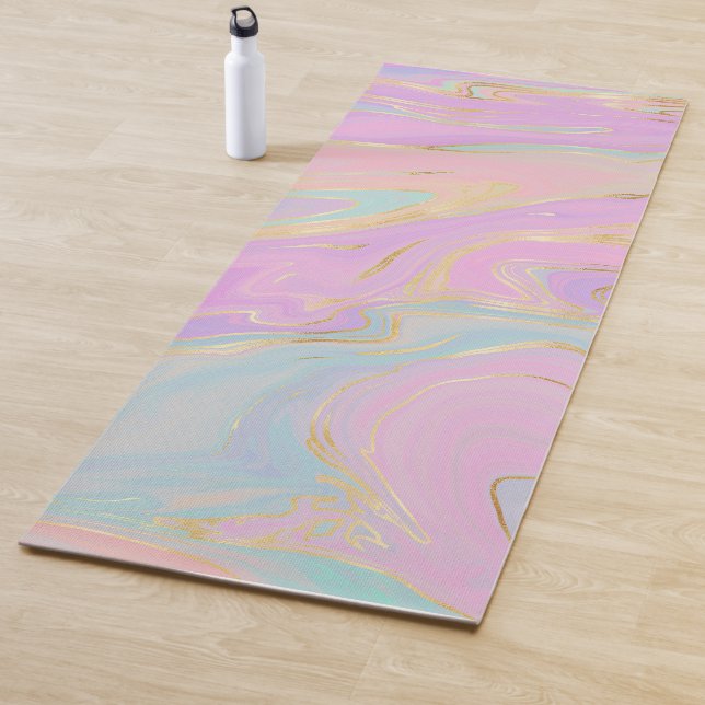 Pink Gold Liquid Swirl Rainbow Marble Yoga Mat (In Situ)