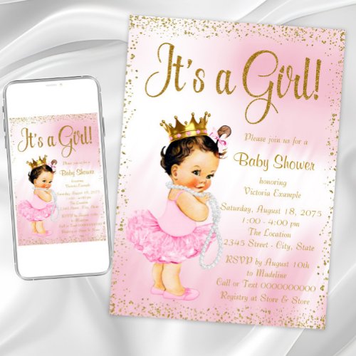 Pink Gold Little Ballerina Tutu Pearl Baby Shower Invitation